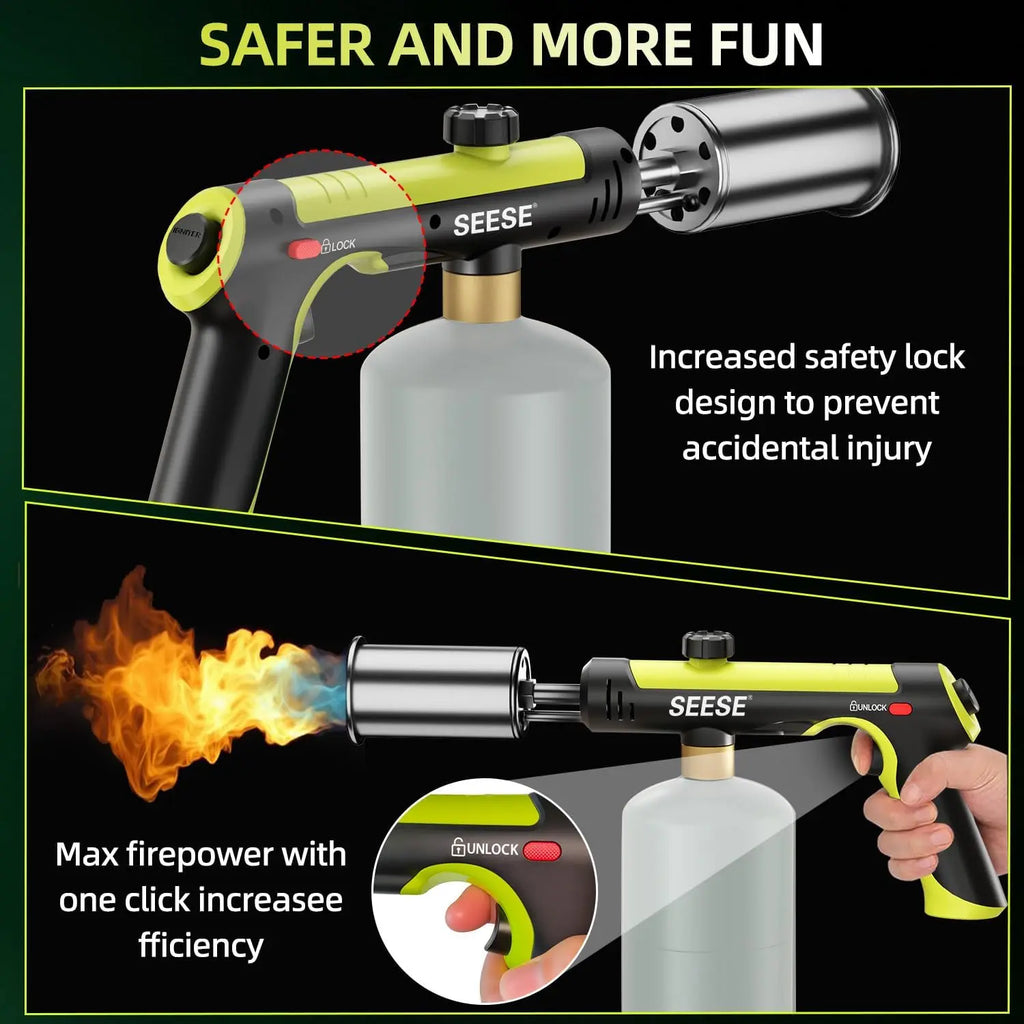 【Fathersdaygift】Seese Powerful Propane Torch(Propane Tank Not Included),With One-Touch Max Fire Button and Safety Lock, Adjustable Blow Torch for Sous Vide Searing Steak, Bbq,Fireplace,Charcoal Wood