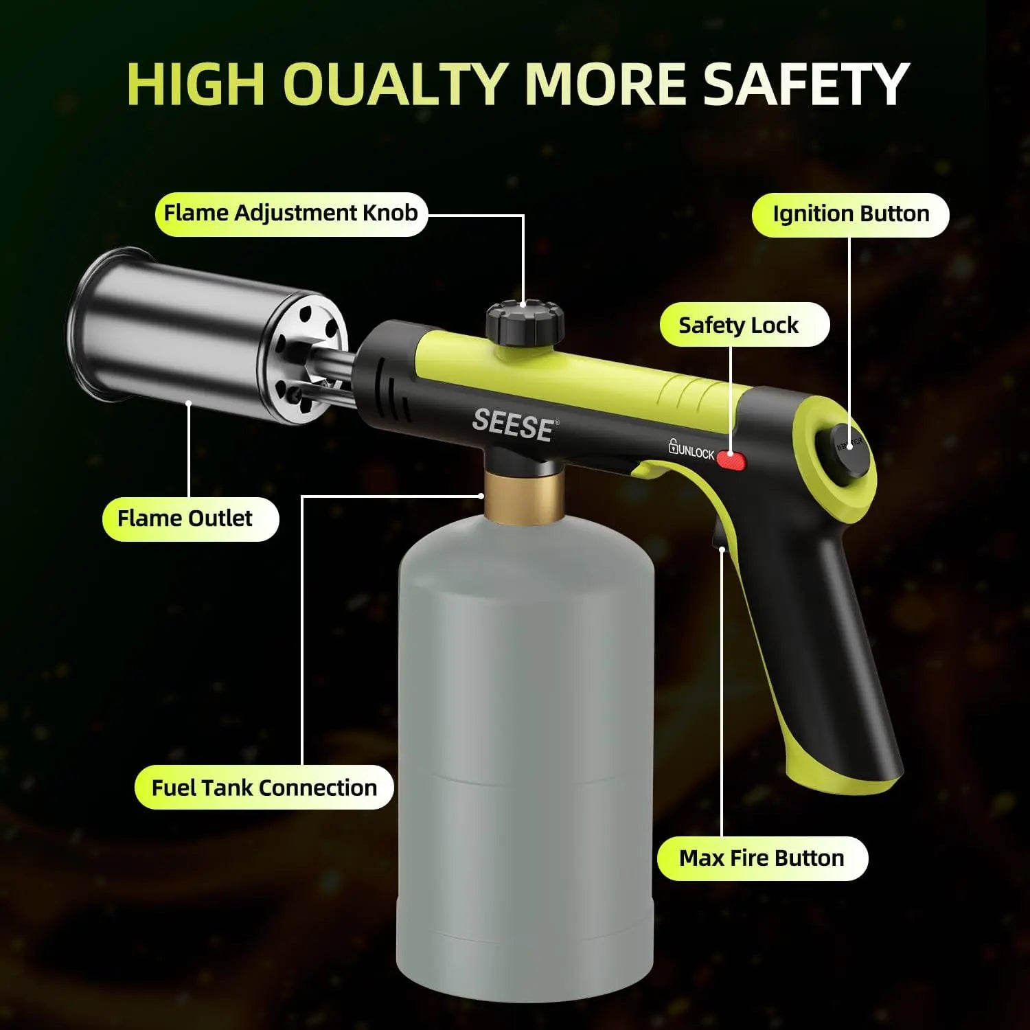 【Fathersdaygift】Seese Powerful Propane Torch(Propane Tank Not Included),With One-Touch Max Fire Button and Safety Lock, Adjustable Blow Torch for Sous Vide Searing Steak, Bbq,Fireplace,Charcoal Wood